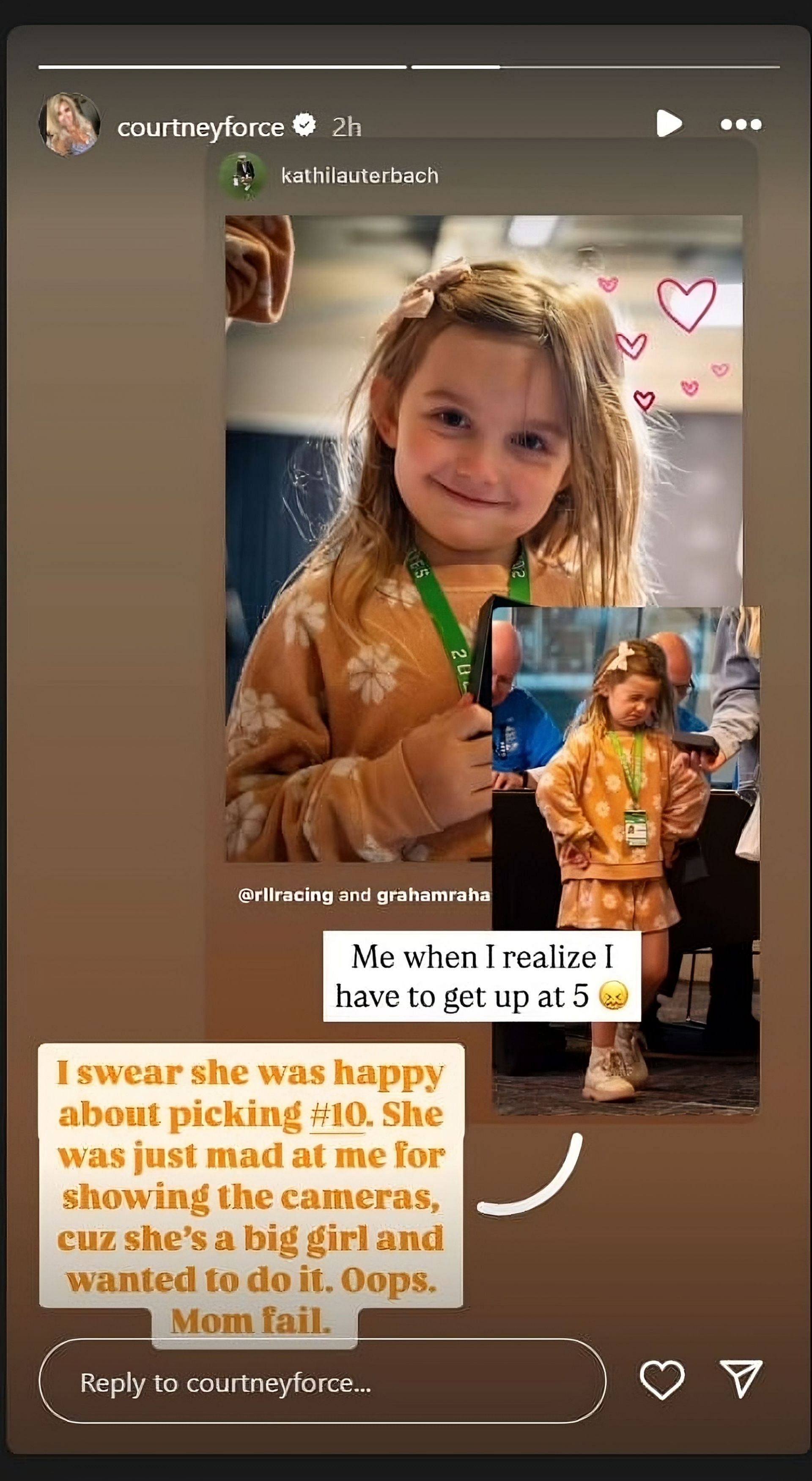 A snapshot of Courtney Force's Instagram story | Image via Instagram story (@courtneyforce)